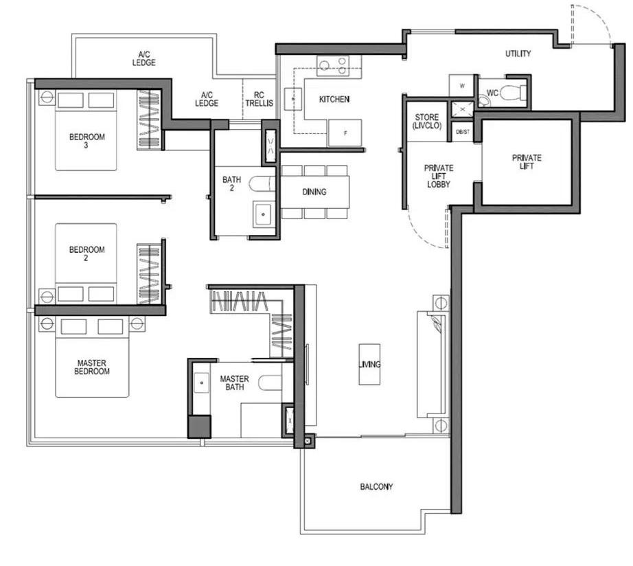 Floor plan of 12 Siglap Link, Seaside Residences — 3-bedroom prive, 1,260 sqft